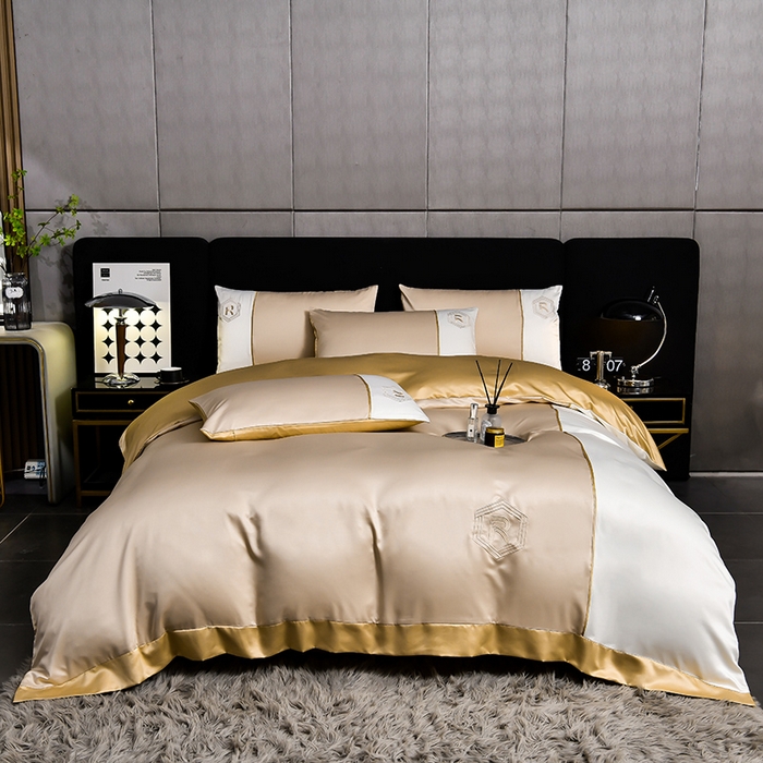 91家纺网 家纺一手货源 找家纺 绒世界  2024新款水洗天丝刺绣维也纳系列四件套 维也纳-奶茶+奶昔白