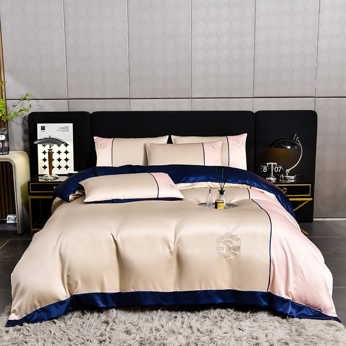 91家纺网 家纺一手货源 找家纺 绒世界  2024新款水洗天丝刺绣维也纳系列四件套 维也纳-奶茶+浅粉