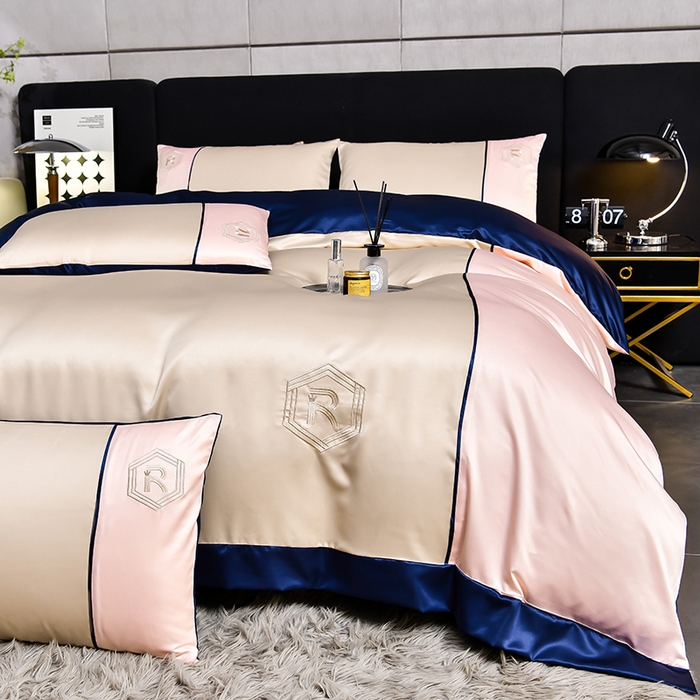 91家纺网 家纺一手货源 找家纺 绒世界  2024新款水洗天丝刺绣维也纳系列四件套 维也纳-奶茶+浅粉