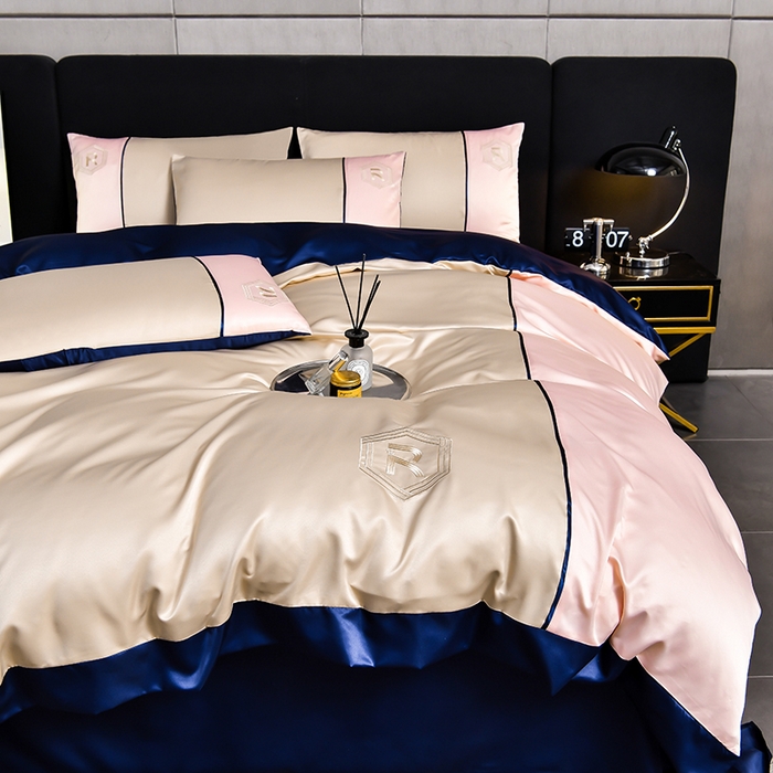 91家纺网 家纺一手货源 找家纺 绒世界  2024新款水洗天丝刺绣维也纳系列四件套 维也纳-奶茶+浅粉