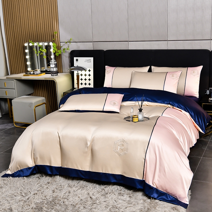 91家纺网 家纺一手货源 找家纺 绒世界  2024新款水洗天丝刺绣维也纳系列四件套 维也纳-奶茶+浅粉