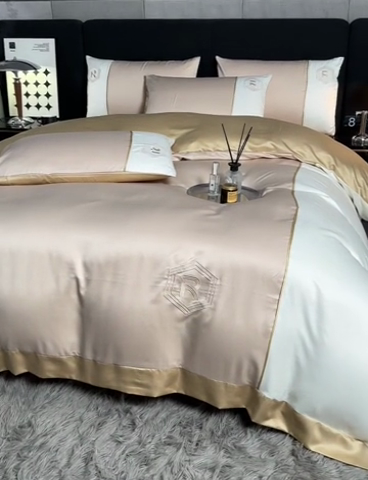 91家纺网 家纺一手货源 找家纺 绒世界  2024新款水洗天丝刺绣维也纳系列四件套 维也纳-奶茶+奶昔白