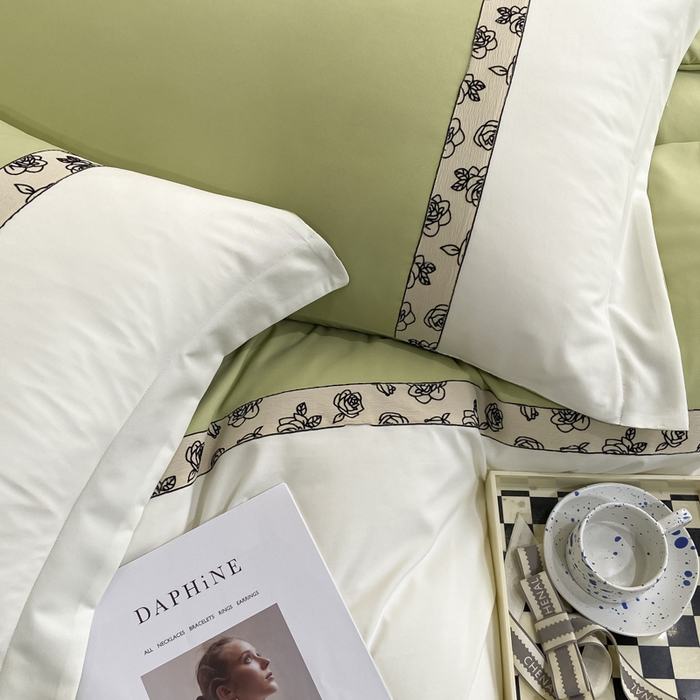 91家纺网 家纺一手货源 找家纺 绒世界2024新款水洗棉麻印花四件套-简爱系列 简爱-绿+白