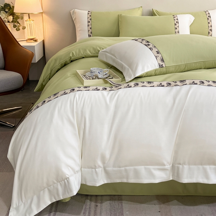 91家纺网 家纺一手货源 找家纺 绒世界2024新款水洗棉麻印花四件套-简爱系列 简爱-绿+白