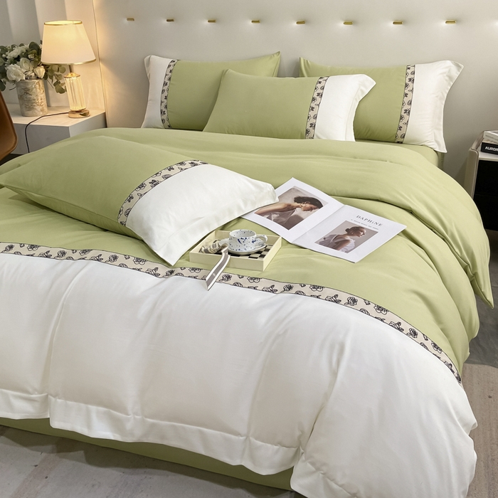 91家纺网 家纺一手货源 找家纺 绒世界2024新款水洗棉麻印花四件套-简爱系列 简爱-绿+白