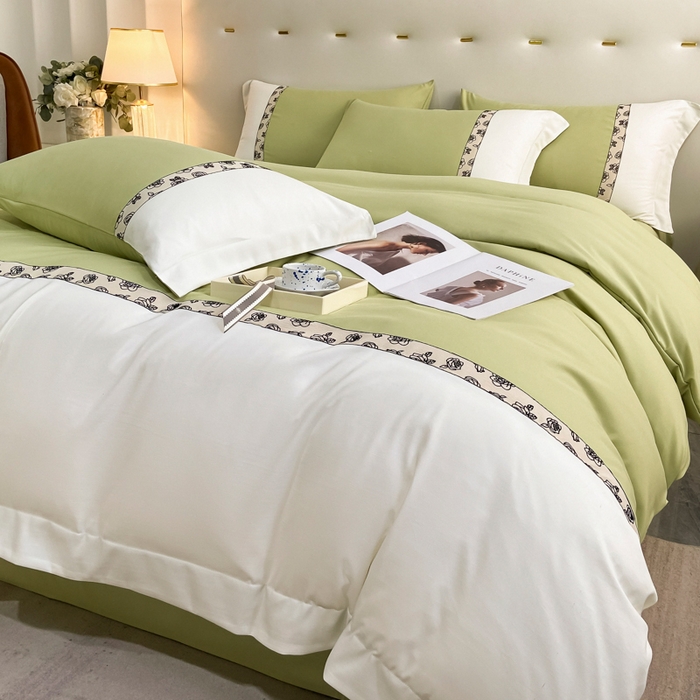 91家纺网 家纺一手货源 找家纺 绒世界2024新款水洗棉麻印花四件套-简爱系列 简爱-绿+白