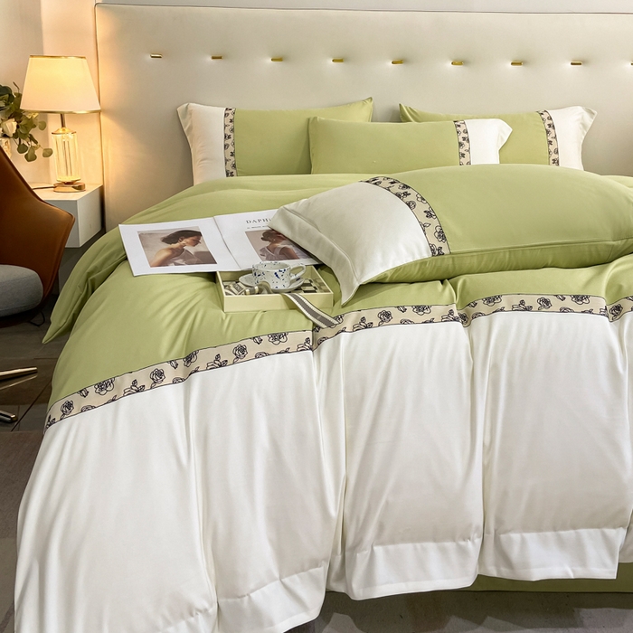 91家纺网 家纺一手货源 找家纺 绒世界2024新款水洗棉麻印花四件套-简爱系列 简爱-绿+白