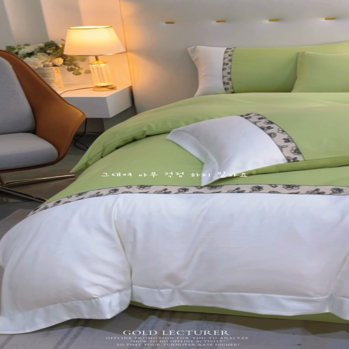 91家纺网 家纺一手货源 找家纺 绒世界2024新款水洗棉麻印花四件套-简爱系列 简爱-绿+白