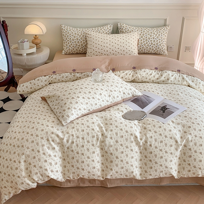 91家纺网 家纺一手货源 找家纺 澳萝拉2023新款40支双层纱纽扣款四件套  柏拉图咖