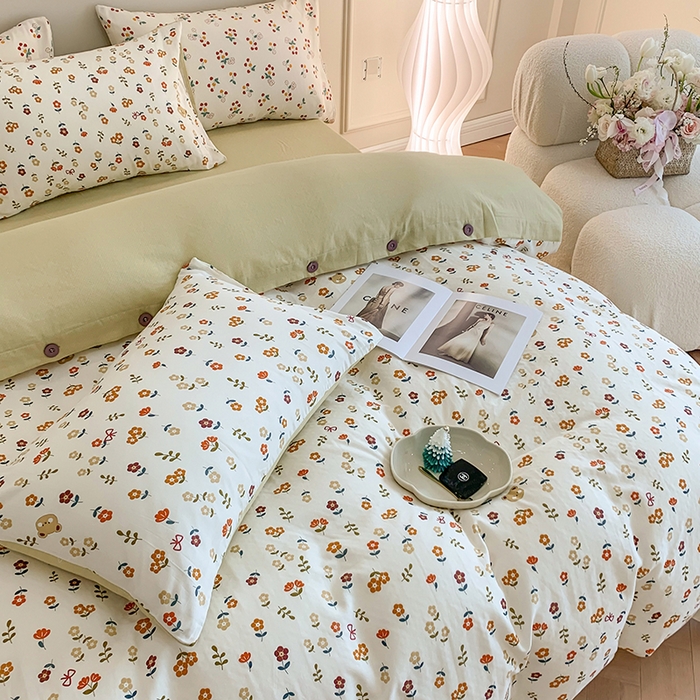 91家纺网 家纺一手货源 找家纺 澳萝拉2023新款40支双层纱纽扣款四件套  小熊花朵