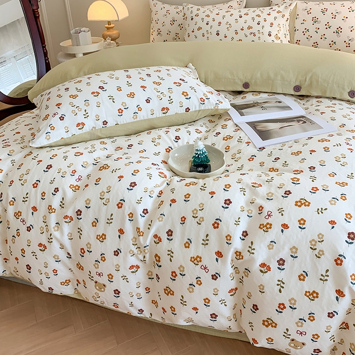 91家纺网 家纺一手货源 找家纺 澳萝拉2023新款40支双层纱纽扣款四件套  小熊花朵