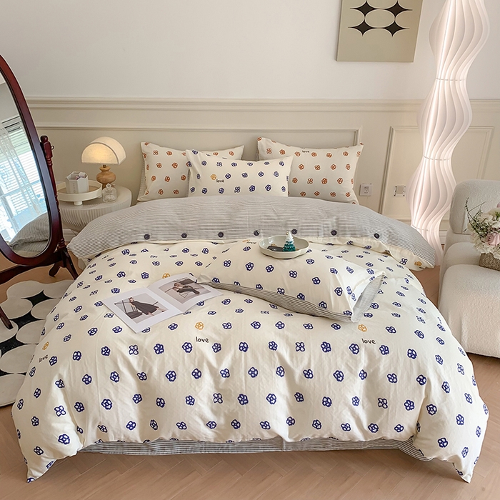 91家纺网 家纺一手货源 找家纺 澳萝拉2023新款40支双层纱纽扣款四件套  休闲时代蓝