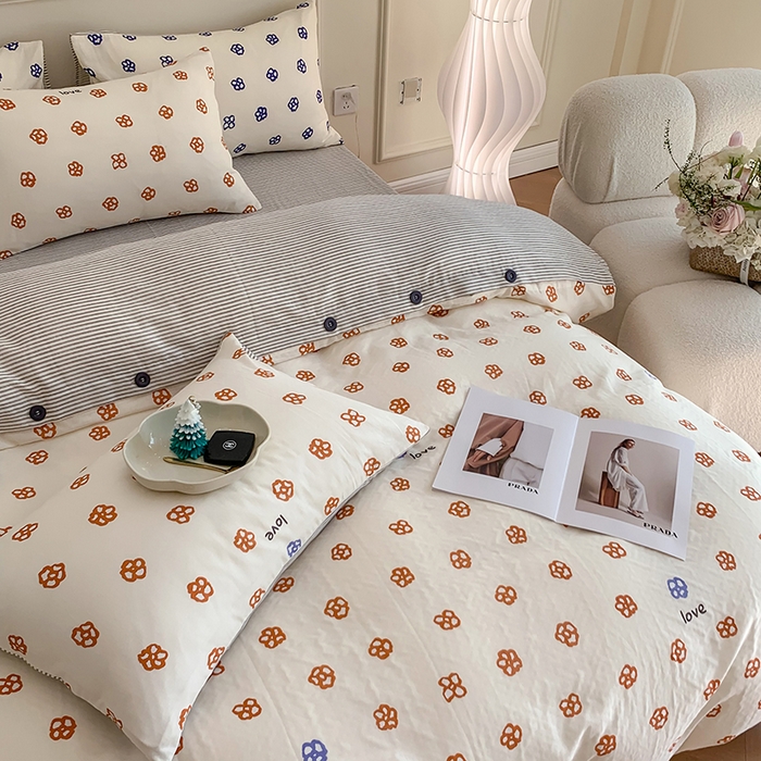 91家纺网 家纺一手货源 找家纺 澳萝拉2023新款40支双层纱纽扣款四件套  休闲时代桔