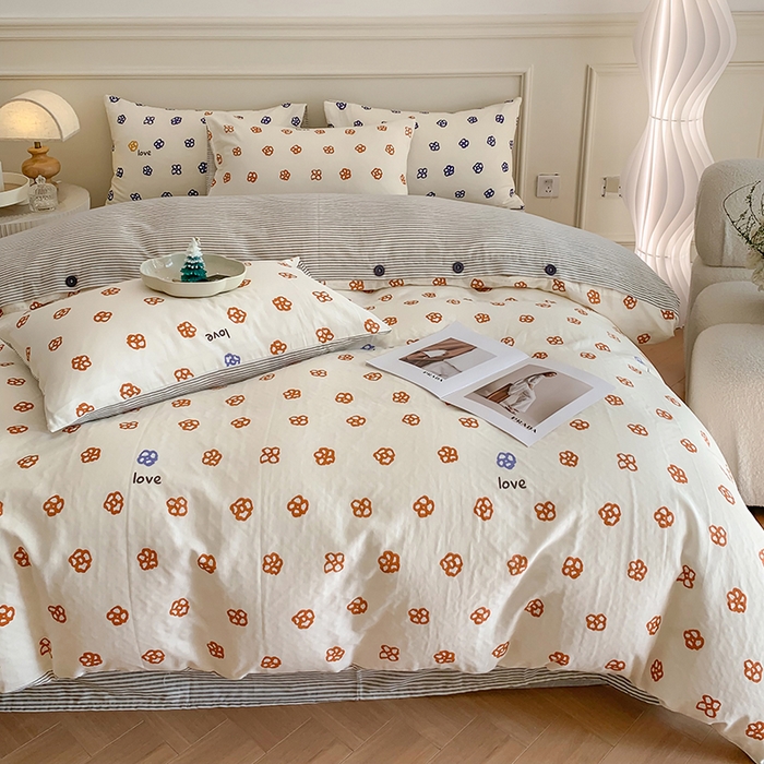 91家纺网 家纺一手货源 找家纺 澳萝拉2023新款40支双层纱纽扣款四件套  休闲时代桔