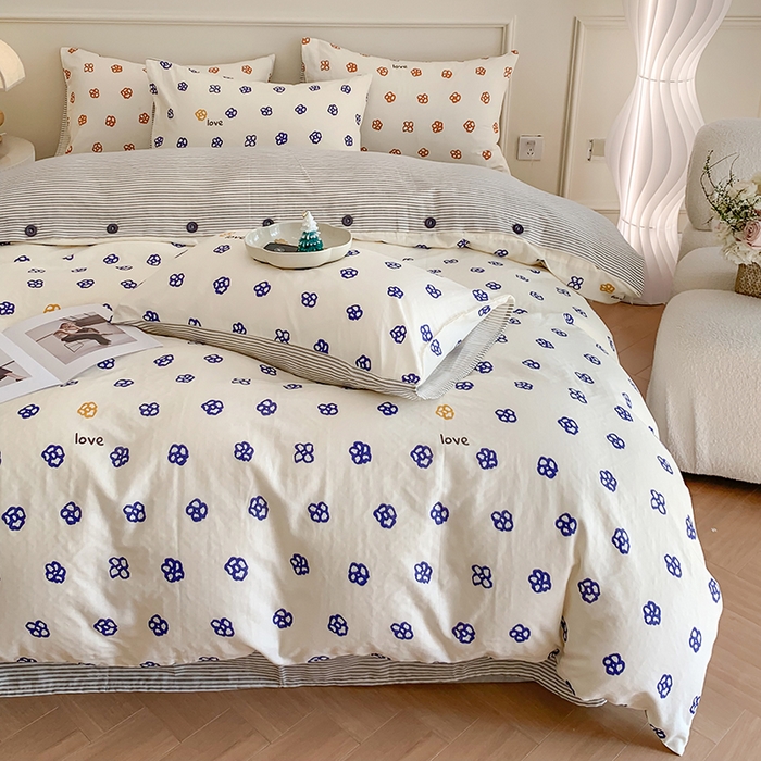 91家纺网 家纺一手货源 找家纺 澳萝拉2023新款40支双层纱纽扣款四件套  休闲时代蓝