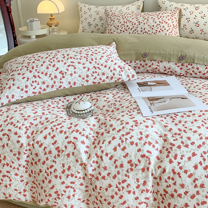 91家纺网 家纺一手货源 找家纺 澳萝拉2023新款40支双层纱纽扣款四件套  叶语纷飞红