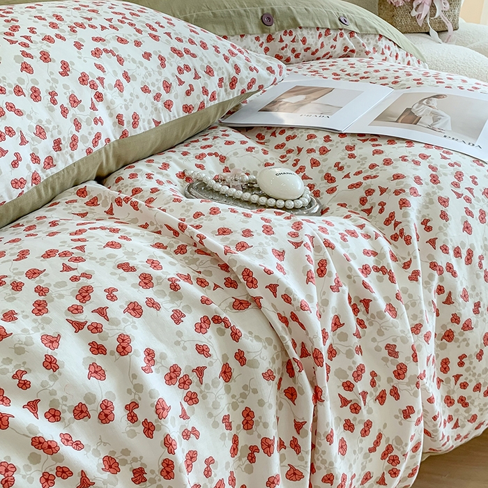 91家纺网 家纺一手货源 找家纺 澳萝拉2023新款40支双层纱纽扣款四件套  叶语纷飞红