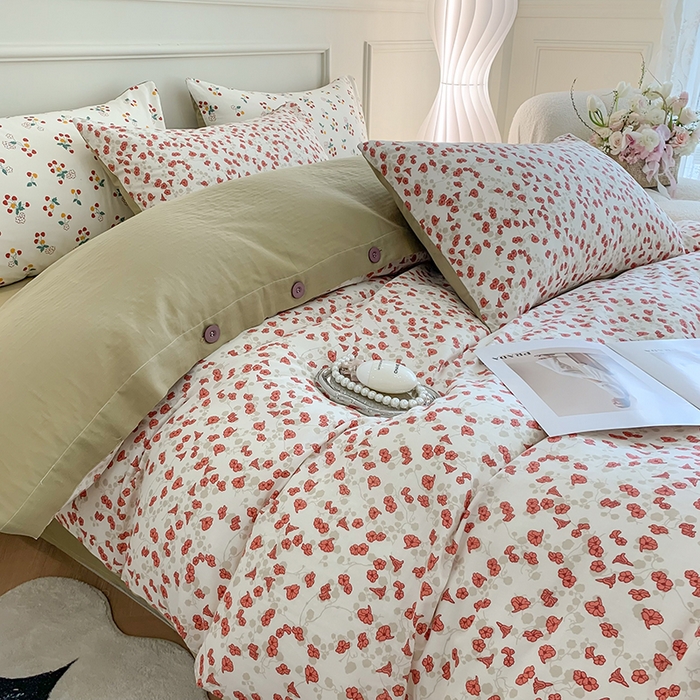 91家纺网 家纺一手货源 找家纺 澳萝拉2023新款40支双层纱纽扣款四件套  叶语纷飞红