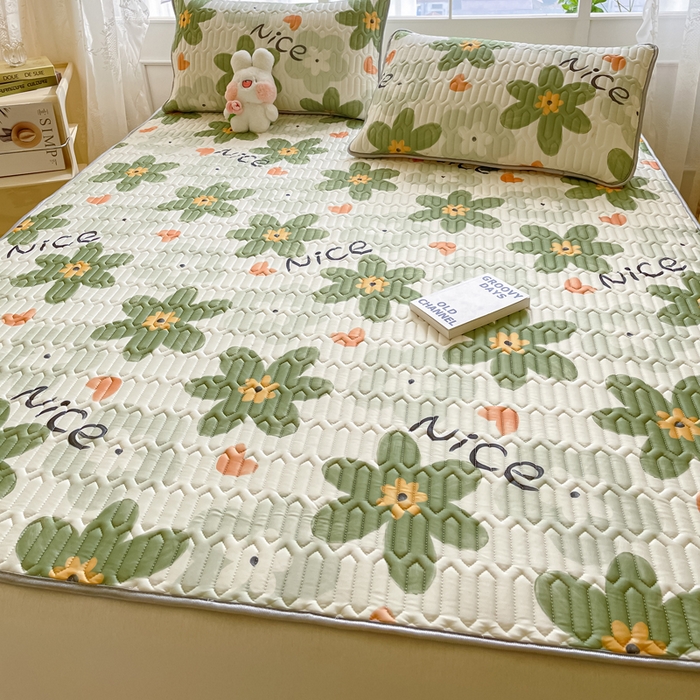 91家纺网 家纺一手货源 找家纺 金爱家 2023新款小清新凉感丝乳胶凉席三件套 海棠花-绿