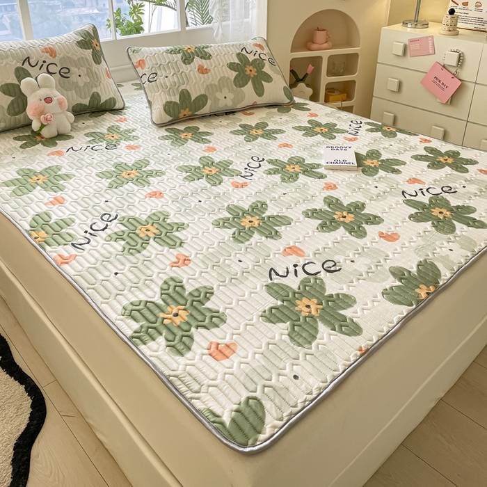 91家纺网 家纺一手货源 找家纺 金爱家 2023新款小清新凉感丝乳胶凉席三件套 海棠花-绿