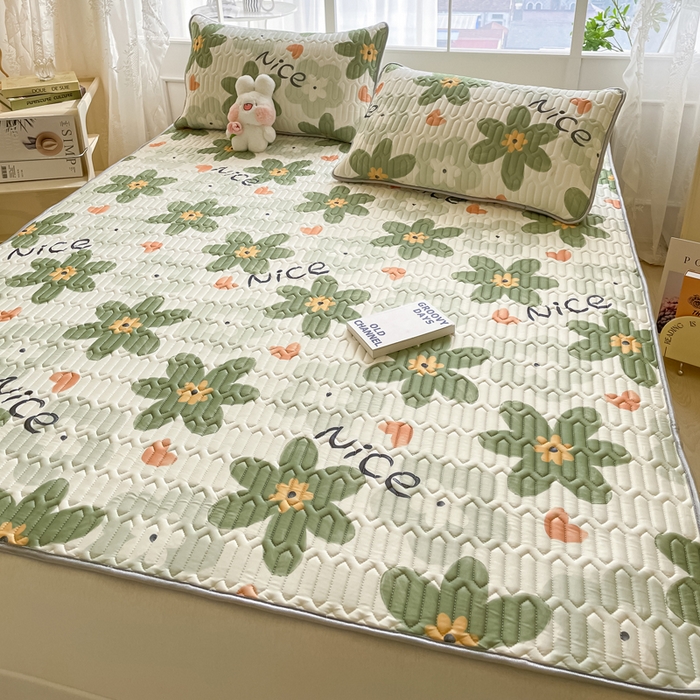 91家纺网 家纺一手货源 找家纺 金爱家 2023新款小清新凉感丝乳胶凉席三件套 海棠花-绿