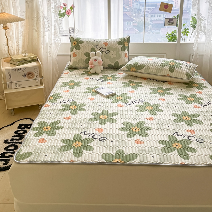 91家纺网 家纺一手货源 找家纺 金爱家 2023新款小清新凉感丝乳胶凉席三件套 海棠花-绿