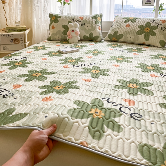 91家纺网 家纺一手货源 找家纺 金爱家 2023新款小清新凉感丝乳胶凉席三件套 海棠花-绿