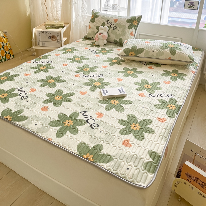 91家纺网 家纺一手货源 找家纺 金爱家 2023新款小清新凉感丝乳胶凉席三件套 海棠花-绿