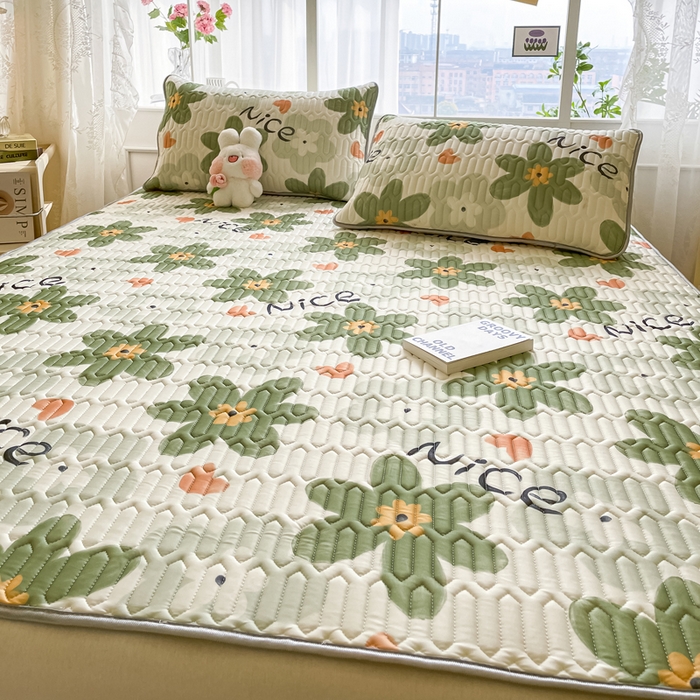 91家纺网 家纺一手货源 找家纺 金爱家 2023新款小清新凉感丝乳胶凉席三件套 海棠花-绿