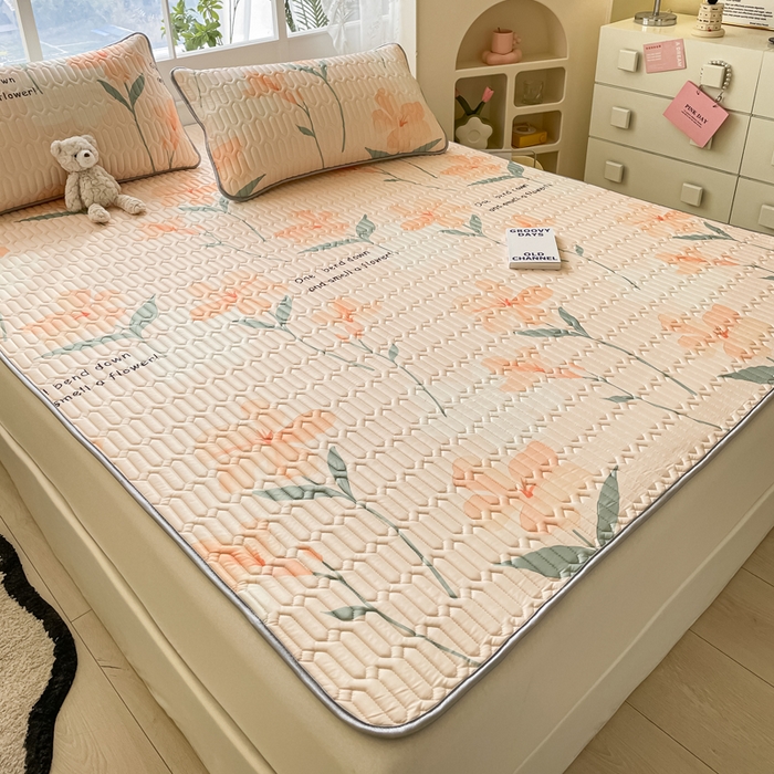 91家纺网 家纺一手货源 找家纺 金爱家 2023新款小清新凉感丝乳胶凉席三件套 浪漫花语