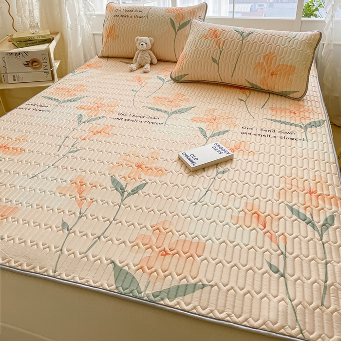 91家纺网 家纺一手货源 找家纺 金爱家 2023新款小清新凉感丝乳胶凉席三件套 浪漫花语