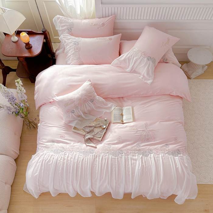 91家纺网 家纺一手货源 找家纺 亲亲公主 2025新款全棉蕾丝公主风四件套-芊芊公主 粉色