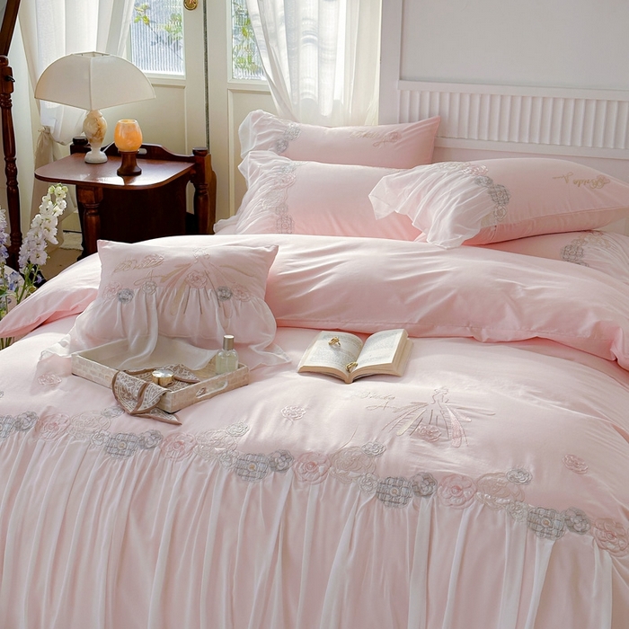 91家纺网 家纺一手货源 找家纺 亲亲公主 2025新款全棉蕾丝公主风四件套-芊芊公主 粉色