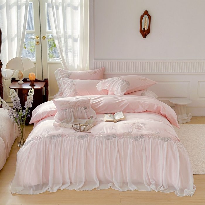 91家纺网 家纺一手货源 找家纺 亲亲公主 2025新款全棉蕾丝公主风四件套-芊芊公主 粉色