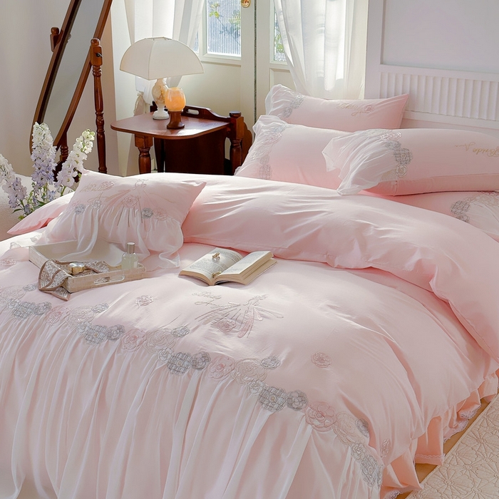 91家纺网 家纺一手货源 找家纺 亲亲公主 2025新款全棉蕾丝公主风四件套-芊芊公主 粉色