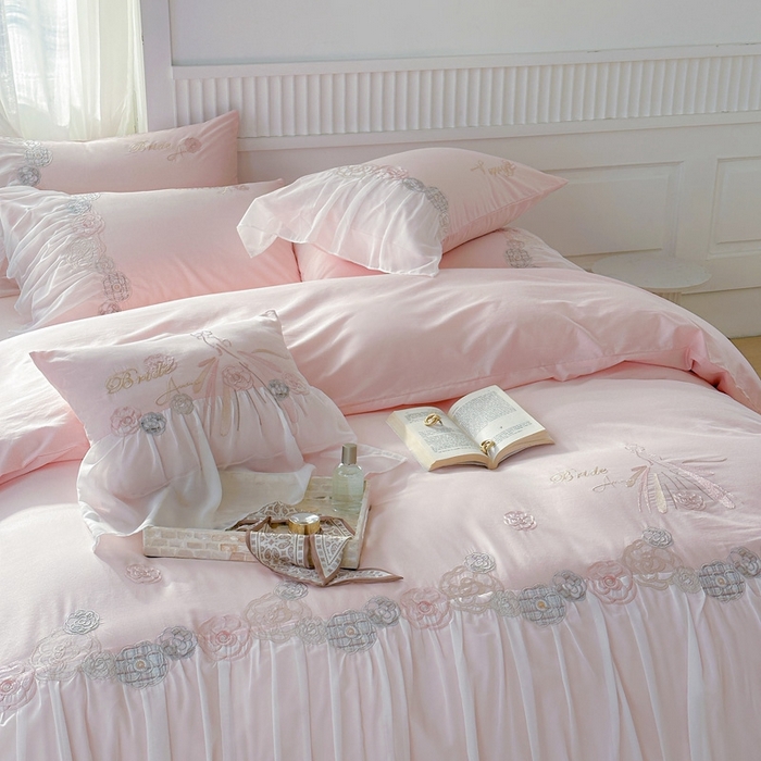 91家纺网 家纺一手货源 找家纺 亲亲公主 2025新款全棉蕾丝公主风四件套-芊芊公主 粉色