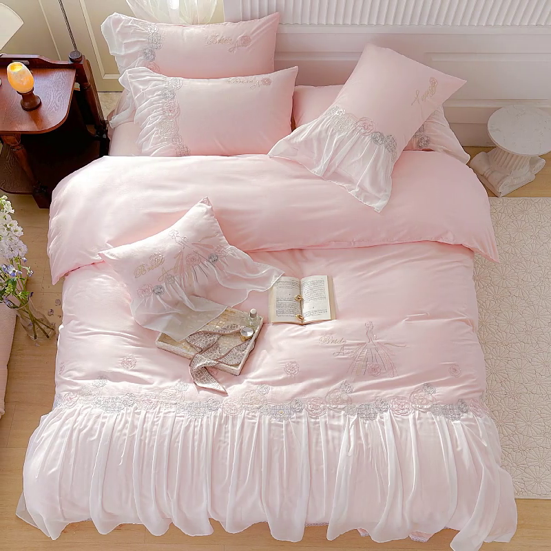 91家纺网 家纺一手货源 找家纺 亲亲公主 2025新款全棉蕾丝公主风四件套-芊芊公主 粉色