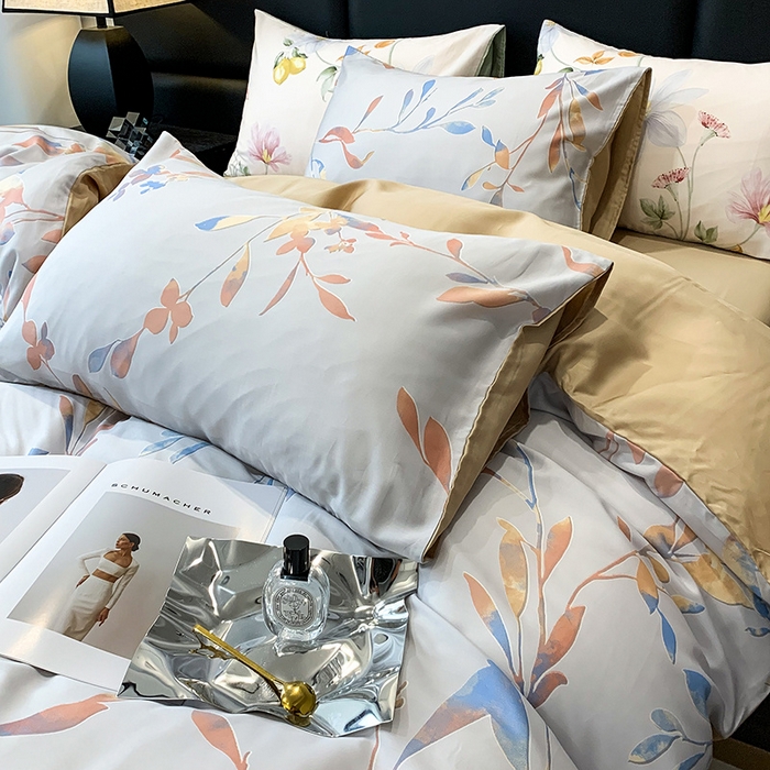 91家纺网 家纺一手货源 找家纺 澳萝拉 2023新款天丝印花四件套 叶飘