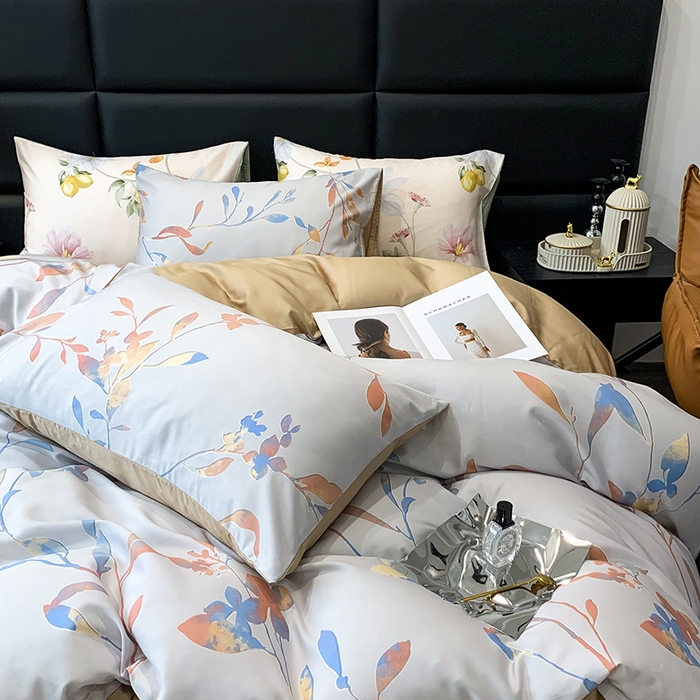 91家纺网 家纺一手货源 找家纺 澳萝拉 2023新款天丝印花四件套 叶飘