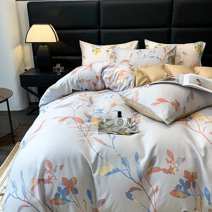 91家纺网 家纺一手货源 找家纺 澳萝拉 2023新款天丝印花四件套 叶飘