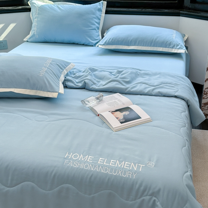 91家纺网 家纺一手货源 找家纺 仟网汇 2023新款棉麻刺绣纯色米兰系列夏被四件套 米兰-繁星蓝