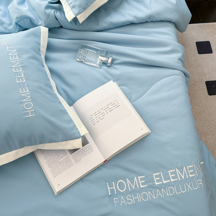 91家纺网 家纺一手货源 找家纺 仟网汇 2023新款棉麻刺绣纯色米兰系列夏被四件套 米兰-繁星蓝