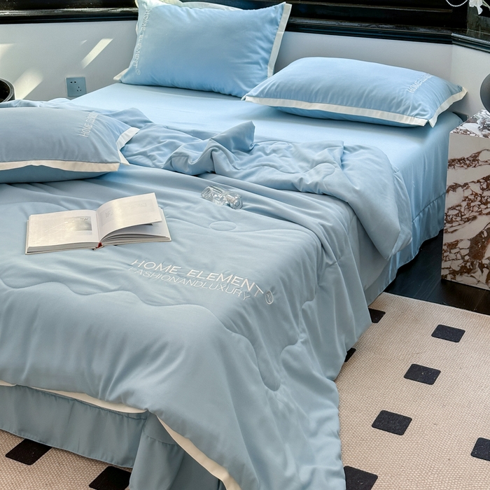 91家纺网 家纺一手货源 找家纺 仟网汇 2023新款棉麻刺绣纯色米兰系列夏被四件套 米兰-繁星蓝