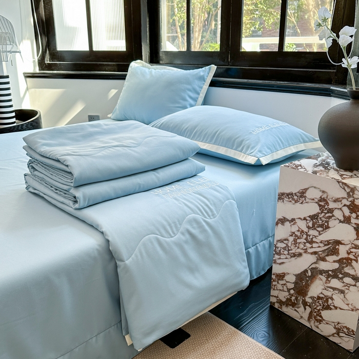 91家纺网 家纺一手货源 找家纺 仟网汇 2023新款棉麻刺绣纯色米兰系列夏被四件套 米兰-繁星蓝