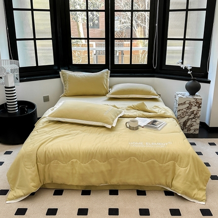 91家纺网 家纺一手货源 找家纺 仟网汇 2023新款棉麻刺绣纯色米兰系列夏被四件套 米兰-奶黄