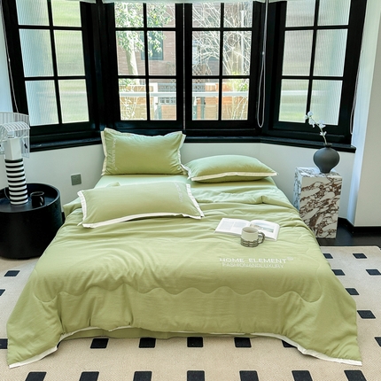91家纺网 家纺一手货源 找家纺 仟网汇 2023新款棉麻刺绣纯色米兰系列夏被四件套 米兰-果绿
