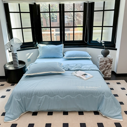 91家纺网 家纺一手货源 找家纺 仟网汇 2023新款棉麻刺绣纯色米兰系列夏被四件套 米兰-繁星蓝