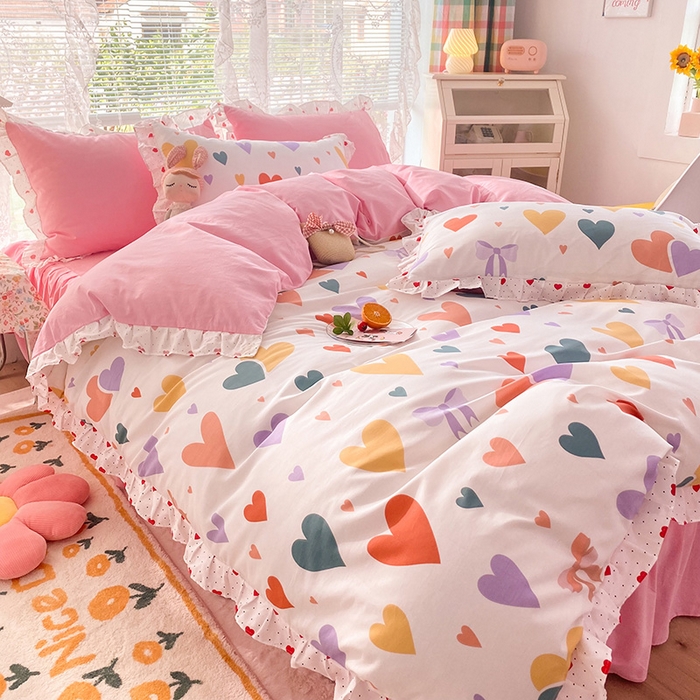 91家纺网 家纺一手货源 找家纺 玉元坊 少女心全棉公主风花边被套床单式床裙款四件套三件套 满心喜悦