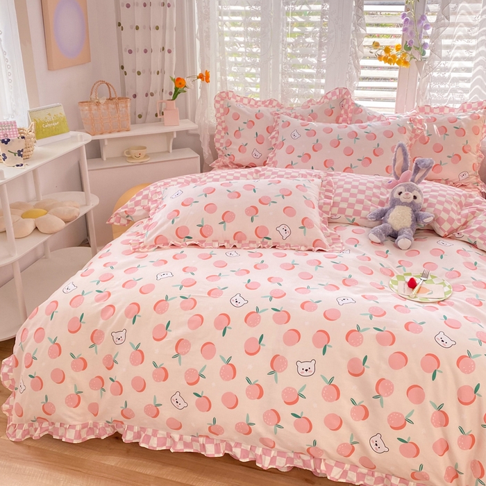 91家纺网 家纺一手货源 找家纺 玉元坊 少女心全棉公主风花边被套床单式床裙款四件套三件套 桔子熊