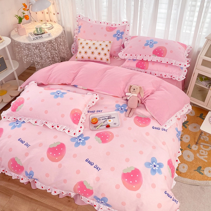91家纺网 家纺一手货源 找家纺 玉元坊 少女心全棉公主风花边被套床单式床裙款四件套三件套 美好一天